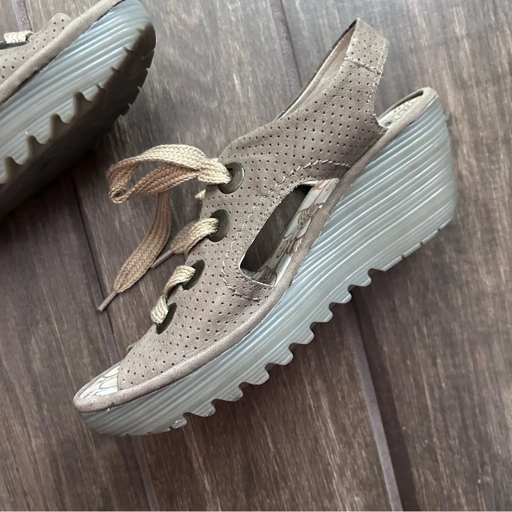 FLY London Luna Perforated Suede Lace-Up Wedge Sandals Sz 8/8.5